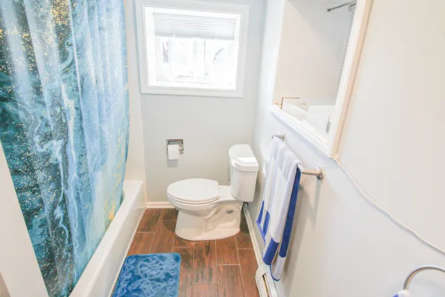 a bathroom with a toilet and a bathtub