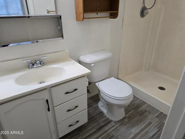 a bathroom with a sink a toilet and shower