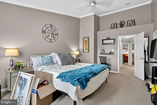 a spacious bedroom with a bed and a walk in closet