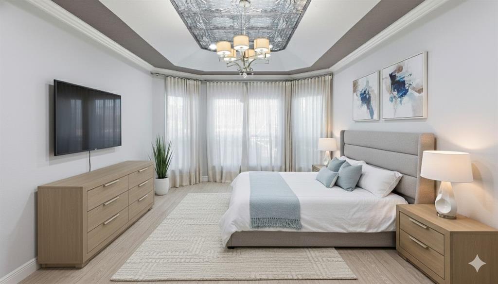 10141 Umberland Place Boca Raton, FL 33428 - Photo 13 of 28 a bedroom with a large bed and a chandelier