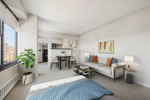 a living room with furniture potted plant and a window
