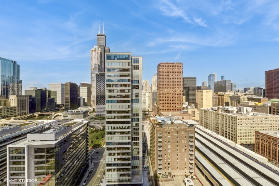 a city view with tall buildings