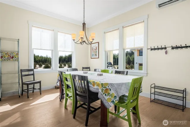 a view of a dining room with furniture window and outside view