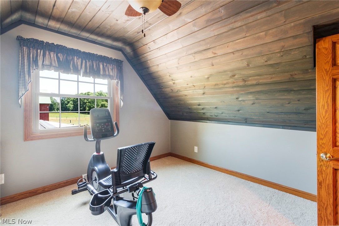 11711 Bandy Road Alliance, OH 44601 - Photo 41 of 50 Workout area featuring carpet, wooden ceiling, ceiling fan, and vaulted ceiling
