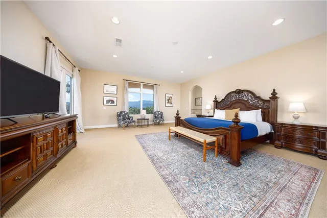 a bedroom with furniture and a rug