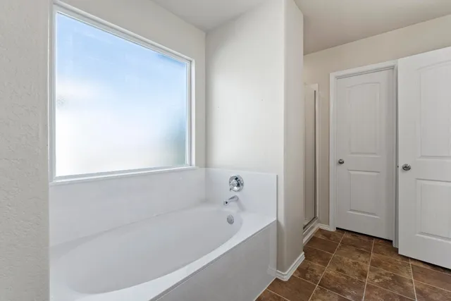 a bathroom with a bathtub and a shower