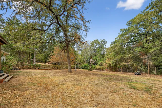 a backyard of a house with large trees