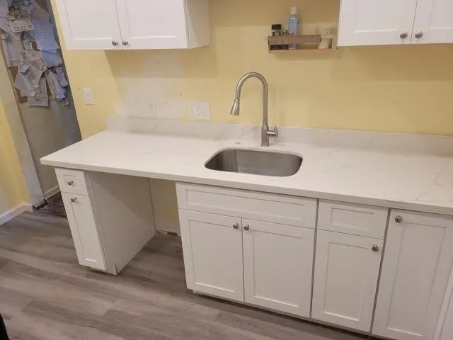 a kitchen with a sink and cabinets