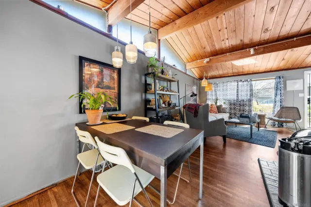 a view of a dining room with furniture