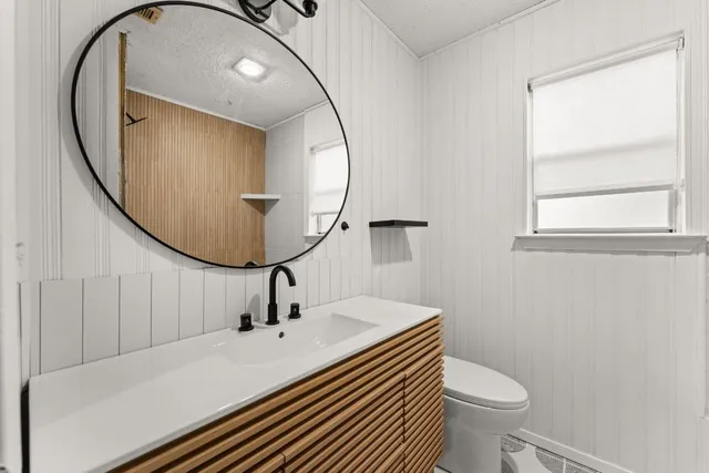 a bathroom with a sink a mirror and a toilet