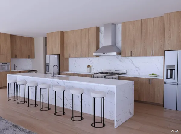 a kitchen with cabinets and chairs