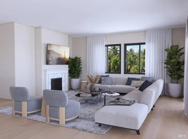 a living room with furniture potted plant a fireplace and a large window