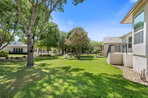 a view of a house with a big yard potted plants and large tree