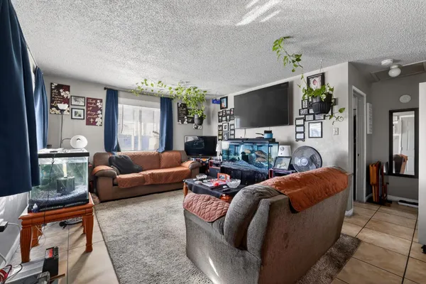 a living room with fireplace furniture and a flat screen tv