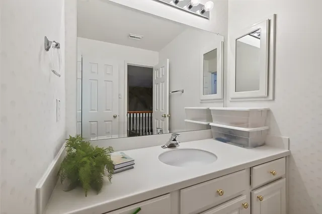 a bathroom with a sink and a mirror