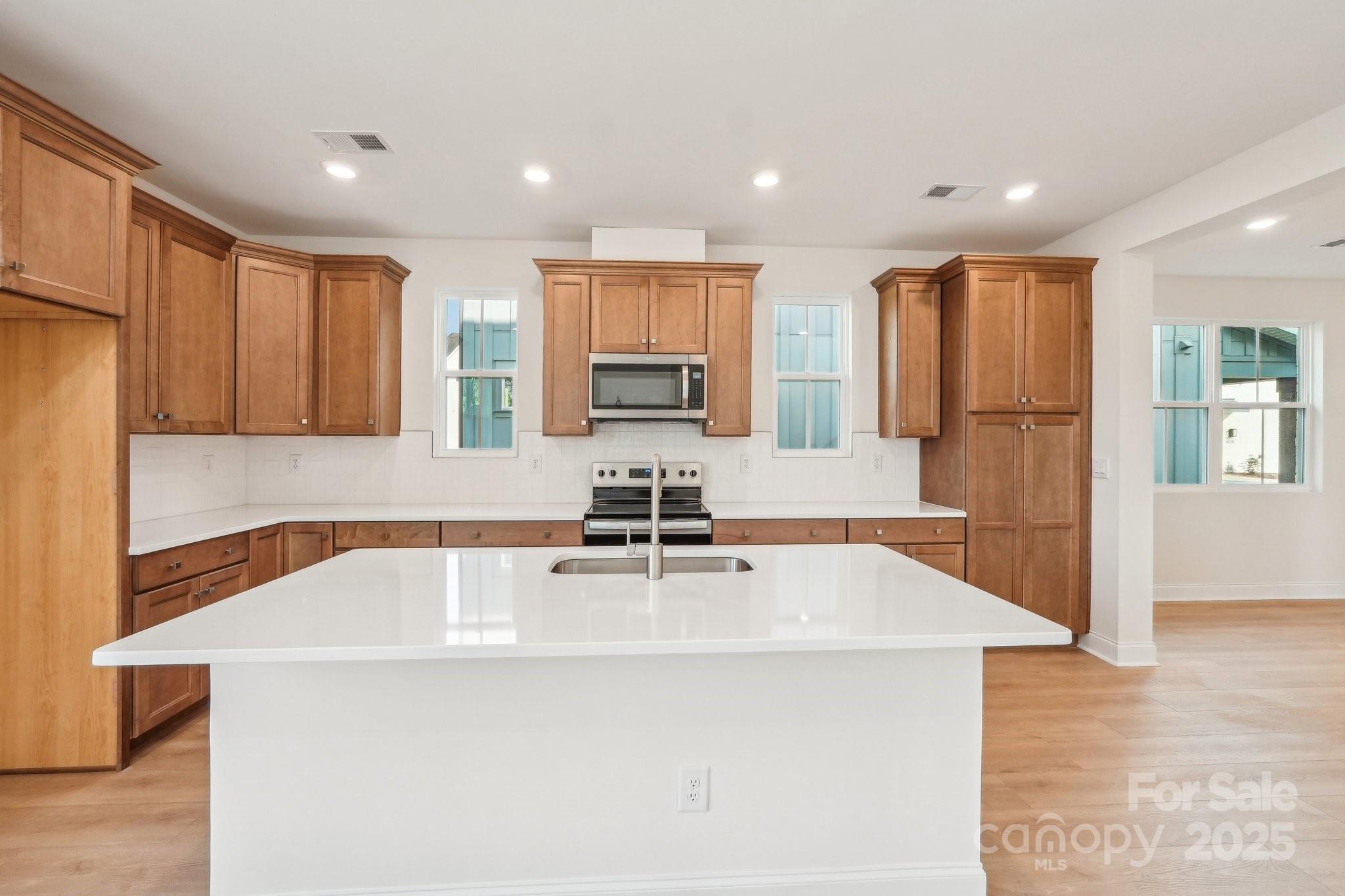 817 Terra Drive Tega Cay, SC 29708 - Photo 13 of 38 a kitchen with a sink a stove a refrigerator a microwave oven and a cabinets with wooden floor