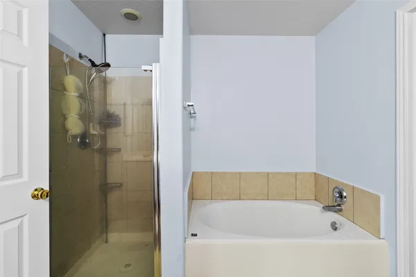 a bathroom with a bathtub and shower