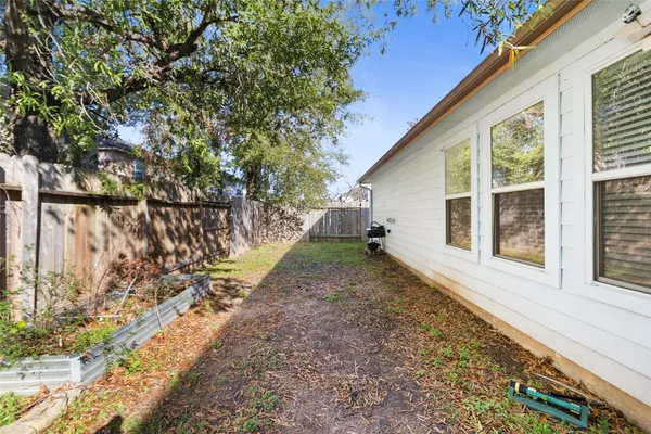 a view of a backyard with a large tree