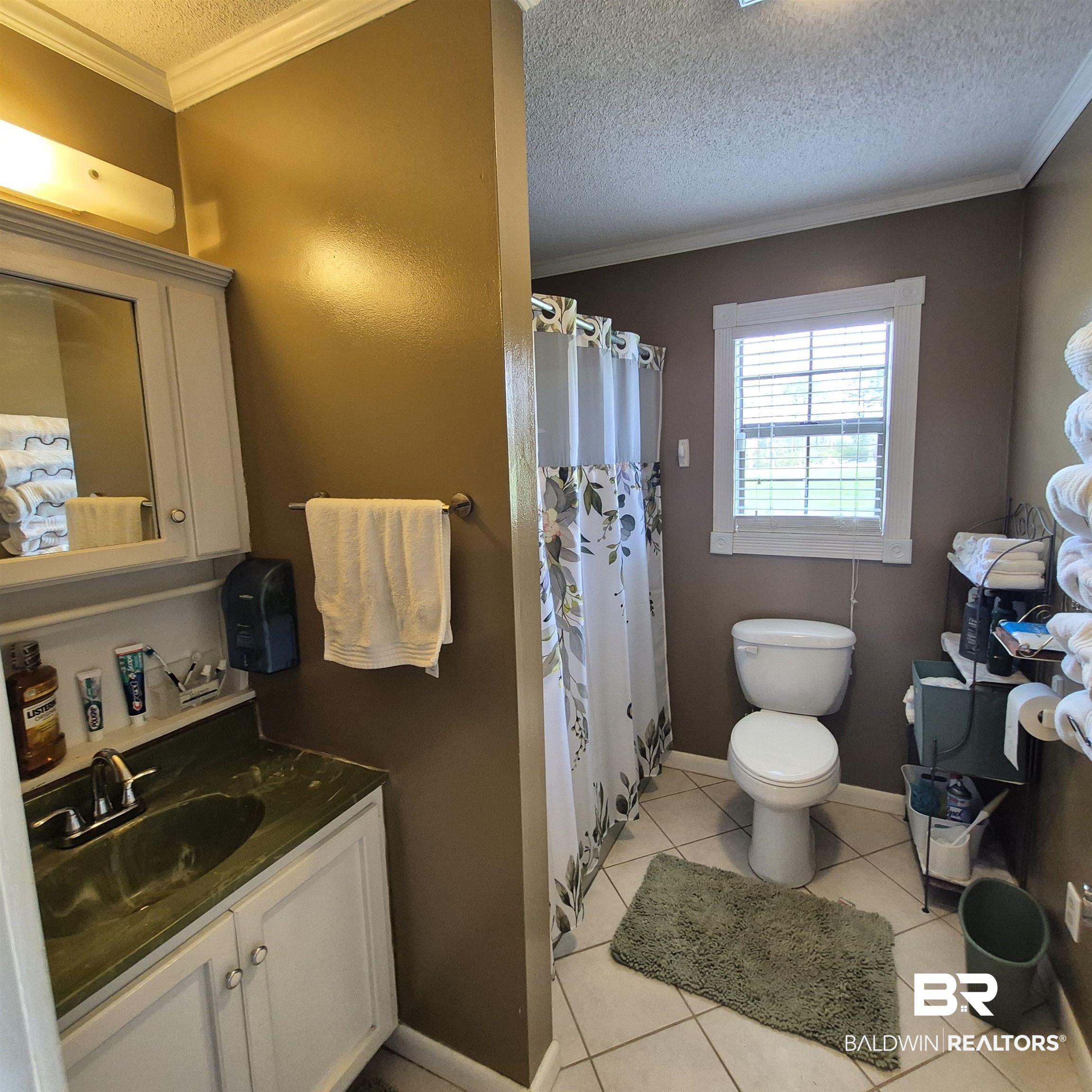 26635 Highway 41 Range, AL 36473 - Photo 32 of 74 Full bathroom featuring ornamental molding, a textured ceiling, a shower with shower curtain, light tile patterned floors, and vanity