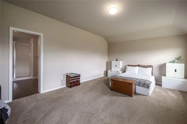 a bedroom with bed and cabinets