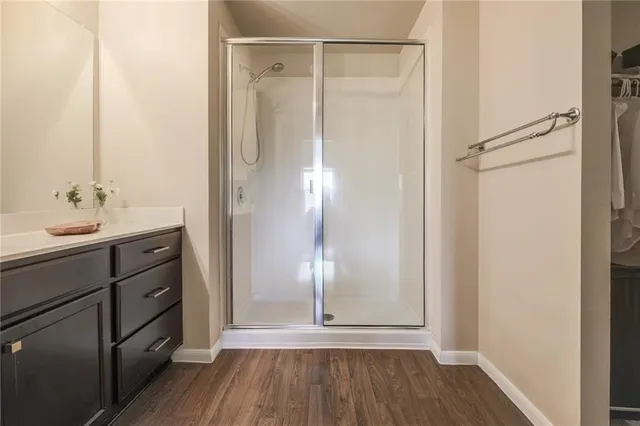 a bathroom with a shower a sink and a mirror