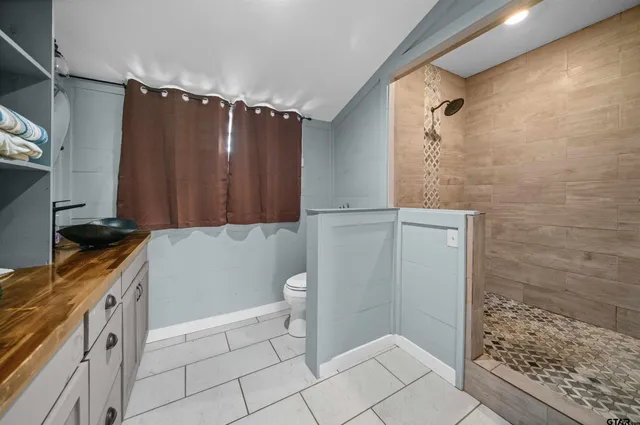 a bathroom with a granite countertop sink a toilet and shower