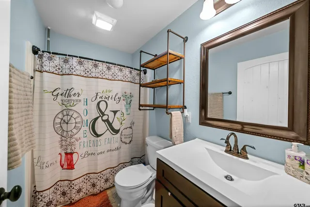 a bathroom with a sink mirror vanity and toilet