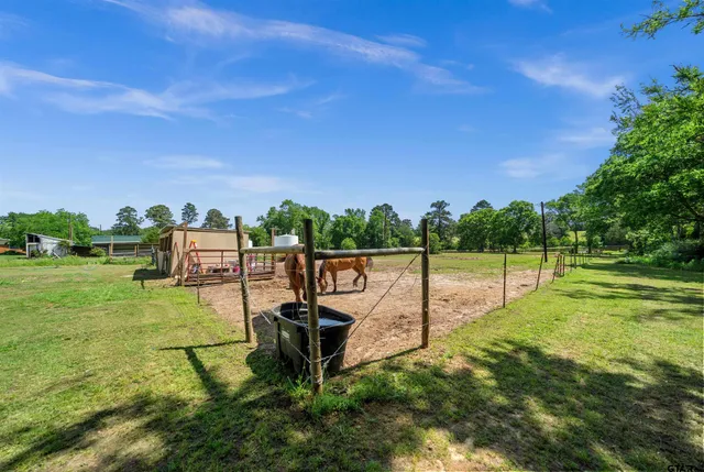 a view of a garden with a houses