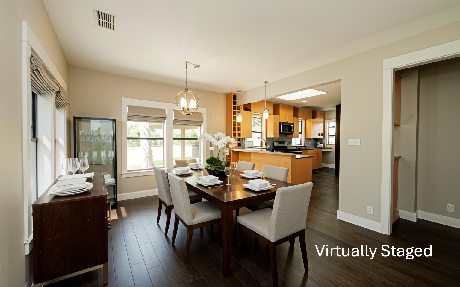 2103 Kinney Avenue Austin, TX 78704 - Photo 17 of 40 Dining area featuring dark wood floors, natural light from two windows, and a hanging light fixture