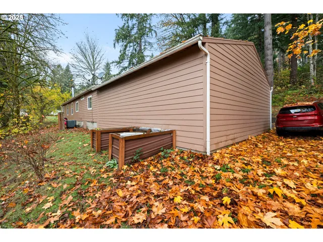 a view of a city & tree next to a lake