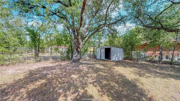 a view of a backyard with plants and large tree