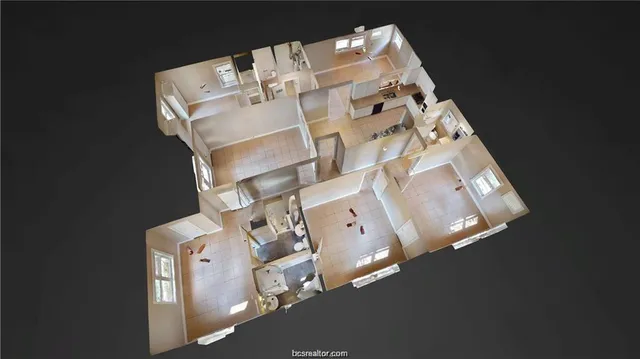 an aerial view of a kitchen with stainless steel appliances kitchen island