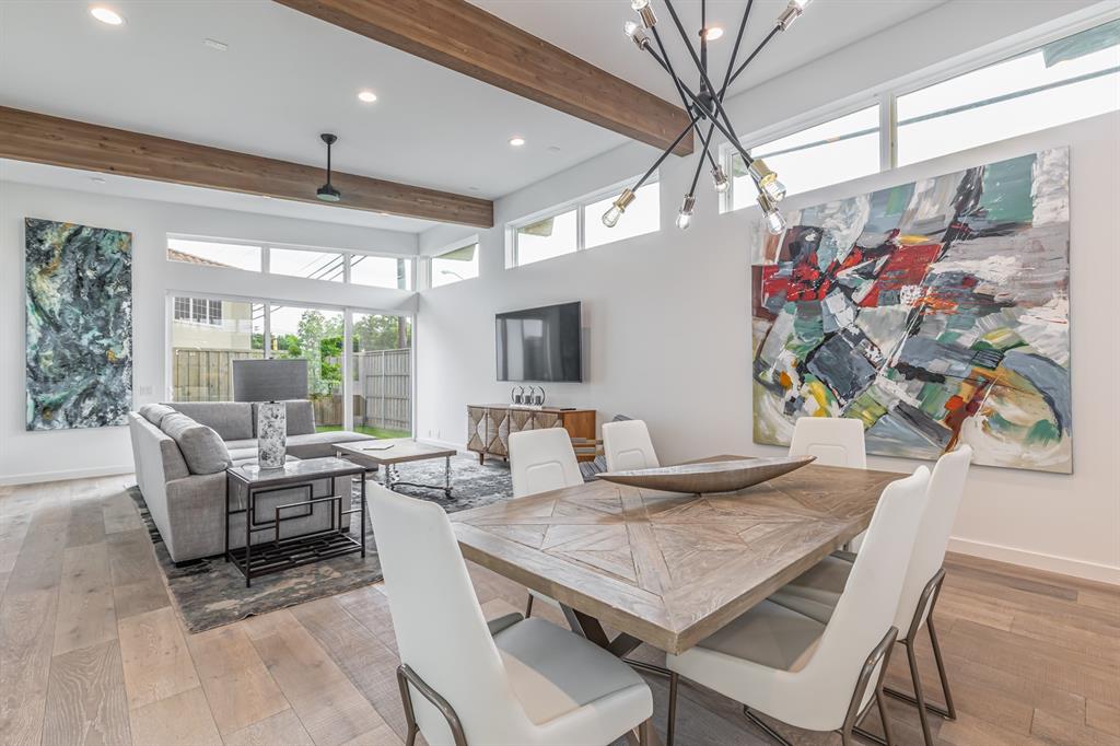 4202 Bonham Street Dallas, TX 75229 - Photo 26 of 32 Dining space featuring beamed ceiling, light wood-style flooring, recessed lighting, and a chandelier