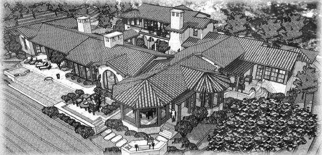 an aerial view of a house with terrace