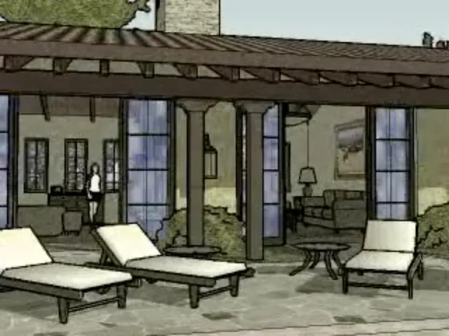 a couple of chairs sitting in front of a building