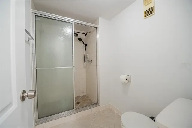 a bathroom with a shower and toilet