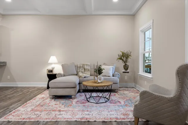 a living room with furniture and a potted plant
