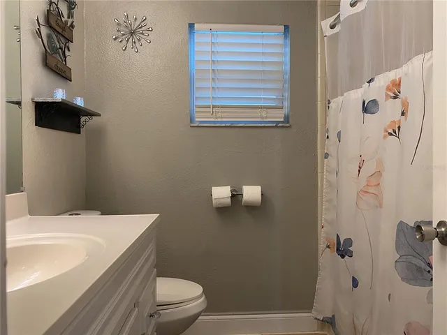 a bathroom with a sink a toilet and shower curtain
