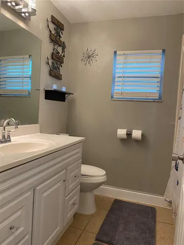a bathroom with a sink a toilet and mirror