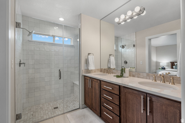 1896 West 800 North Mapleton, UT 84663 - Photo 17 of 55 Full bath with double vanity, ensuite bathroom, a stall shower, and recessed lighting