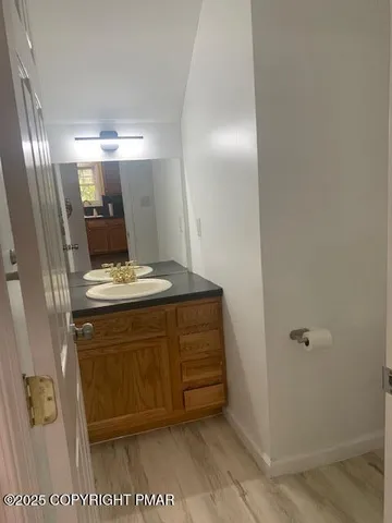 a bathroom with a sink a mirror and a vanity