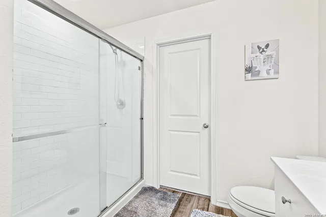 a bathroom with a shower and a toilet