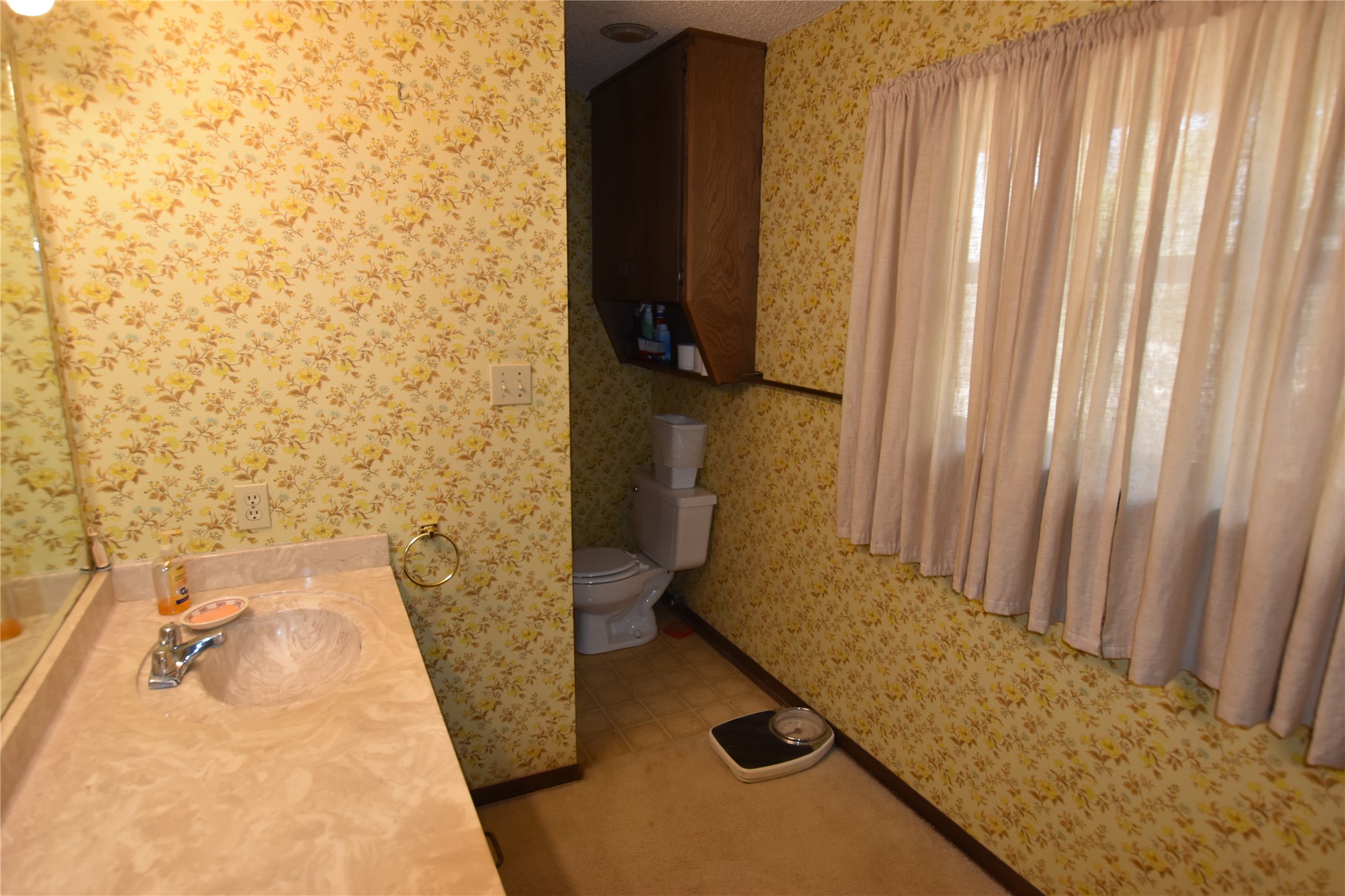 687 Fm 812 Road Red Rock, TX 78662 - Photo 40 of 40 Bathroom featuring vanity, shower, wallpapered walls, carpet flooring.