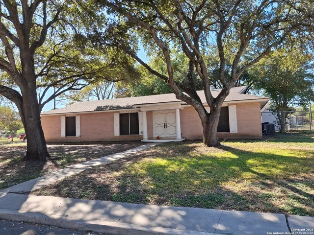 a view of a yard with a house and a large tree