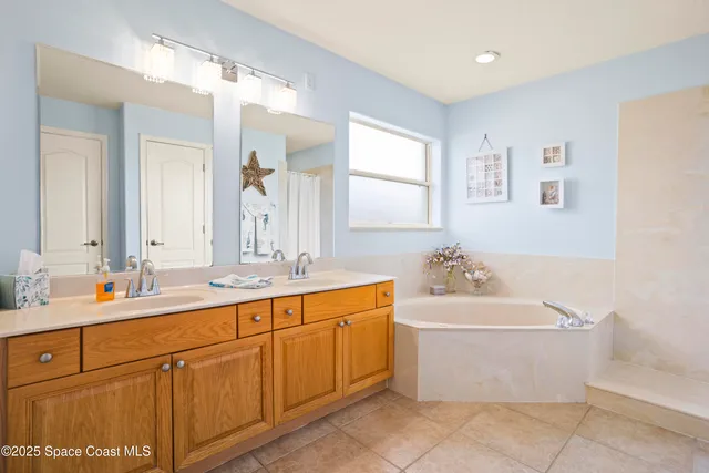a bathroom with a double vanity sink a mirror and a bathtub