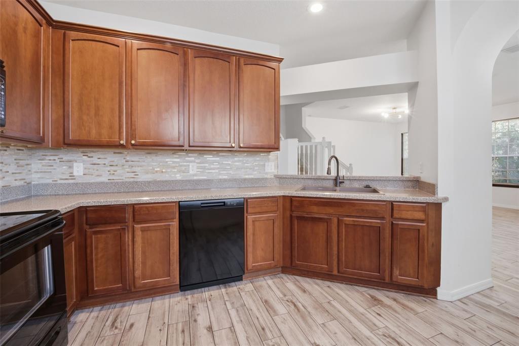 27547 Pleasure Ride Loop Wesley Chapel, FL 33544 - Photo 13 of 40 a kitchen with stainless steel appliances granite countertop wooden cabinets a sink and dishwasher