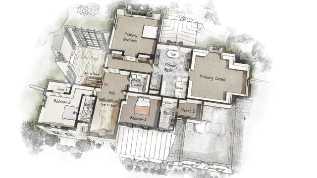 an aerial view of a house with swimming pool and table