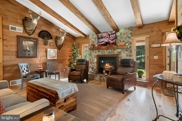 a living room with furniture and a fireplace