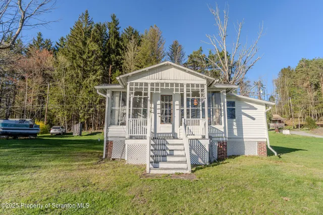 a view of a yard with large trees