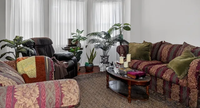 a living room with furniture flowerpot and window